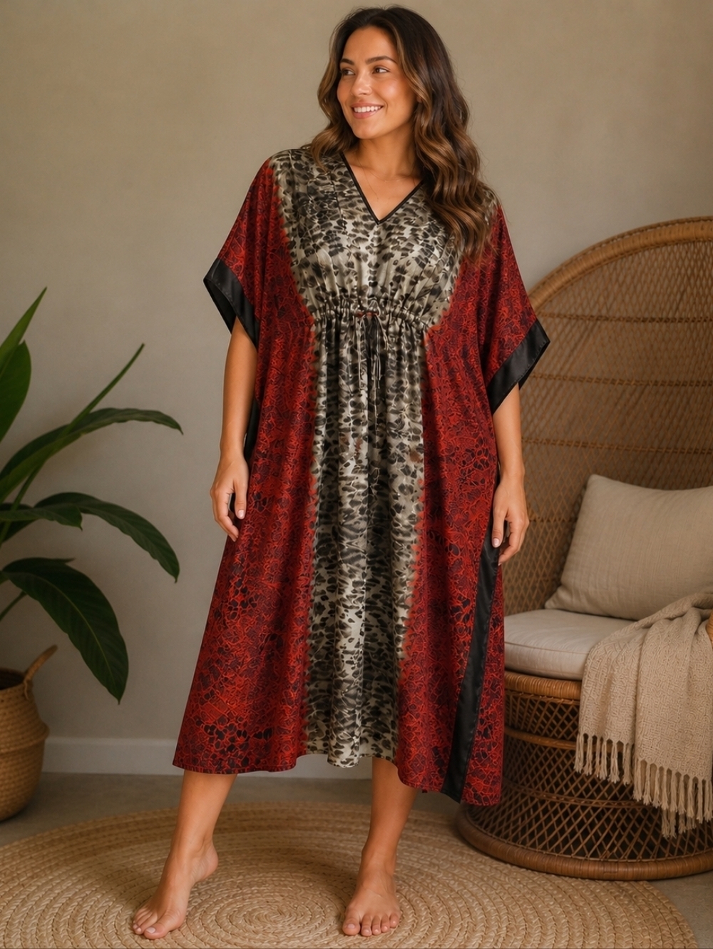 Bobbie Brooks Animal Print Caftan Dress Red Black One Size Drawstring Lounge